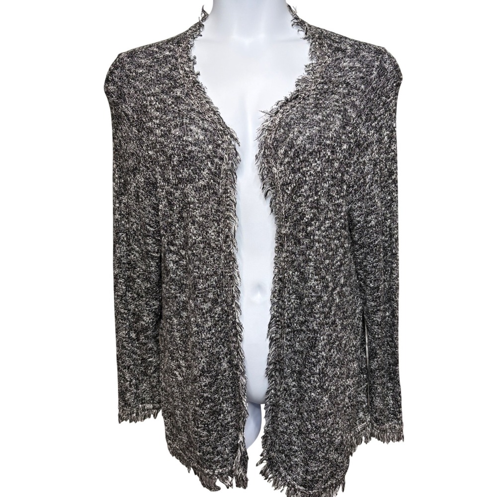 CATHERINES Womens Black White Open Front Fringed Cardigan 2XWP Marled Boho Chic